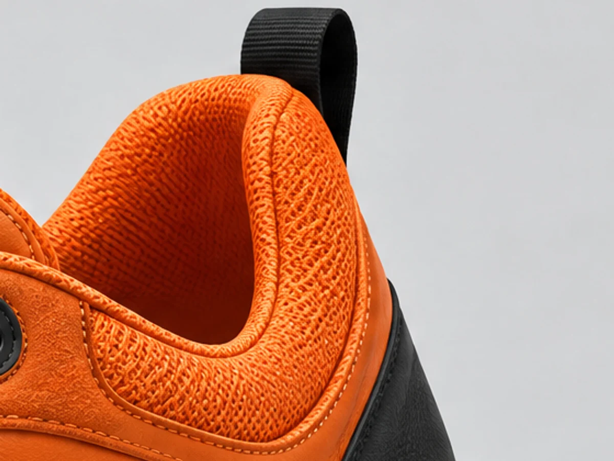 Close-up of the knit collar, leather heel panel and black pull tab