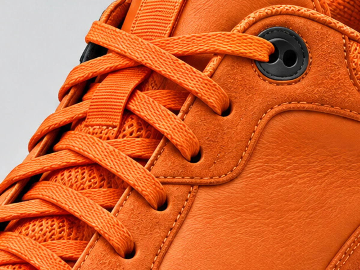 Close-up of flat orange laces, black metal eyelets and a small knit window