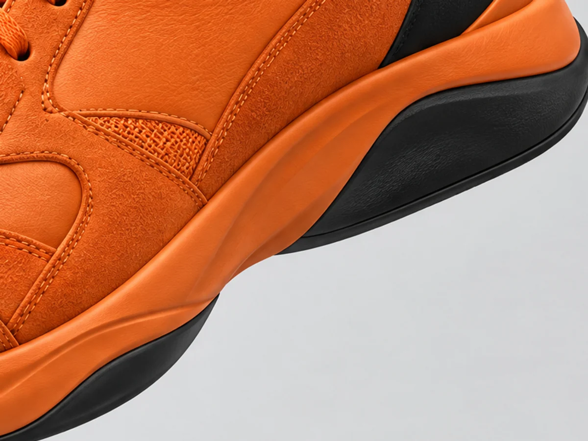 Close-up of the sculpted two-tone midsole: orange on top, black underneath