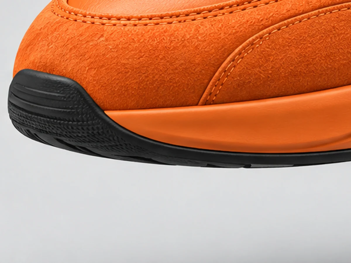 Close-up of the suede toe cap with a black rubber bumper and tonal stitching
