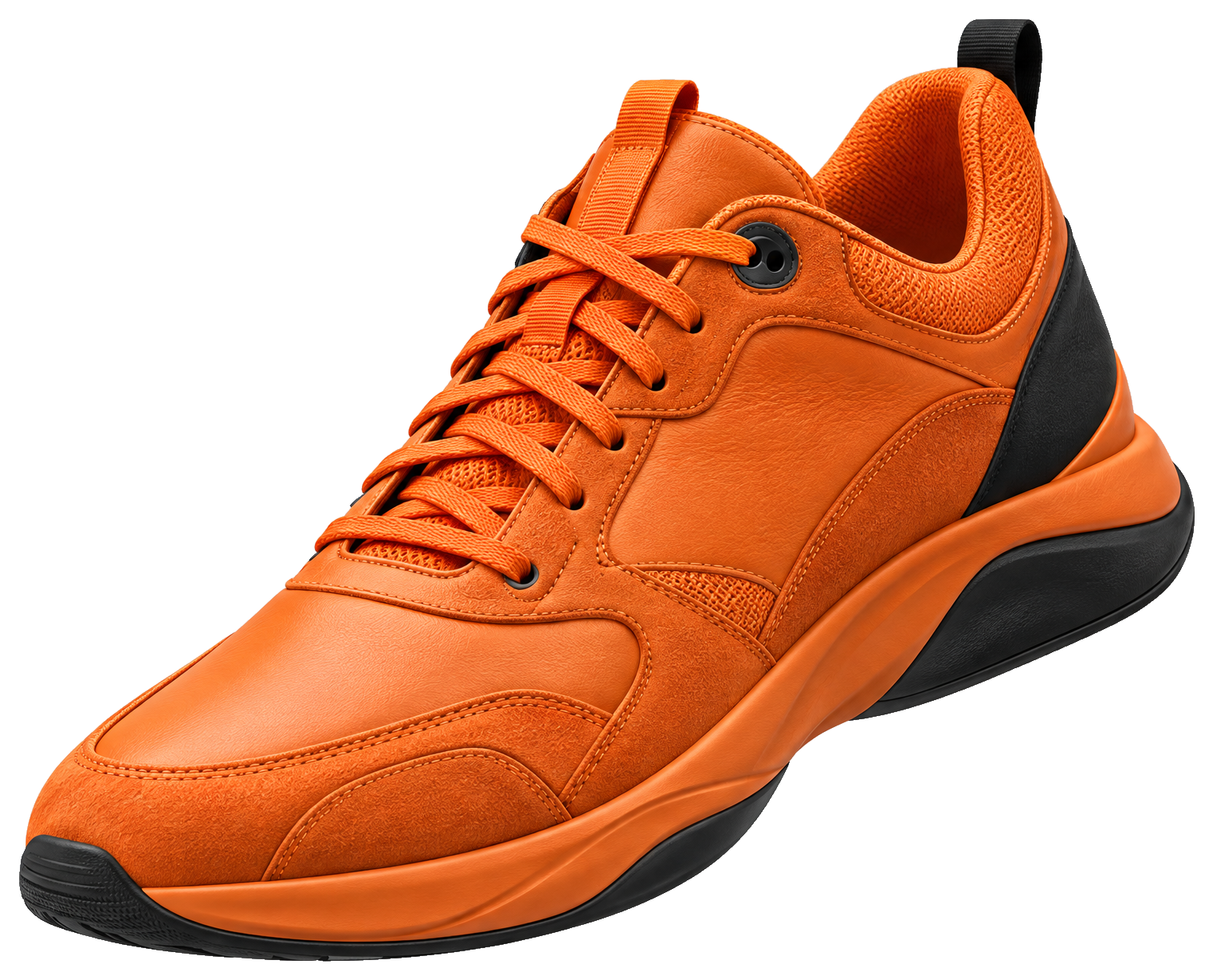 AVRON Concept 01 sneaker in ember orange with black sole accents, floating at a three-quarter angle, toe towards the viewer
